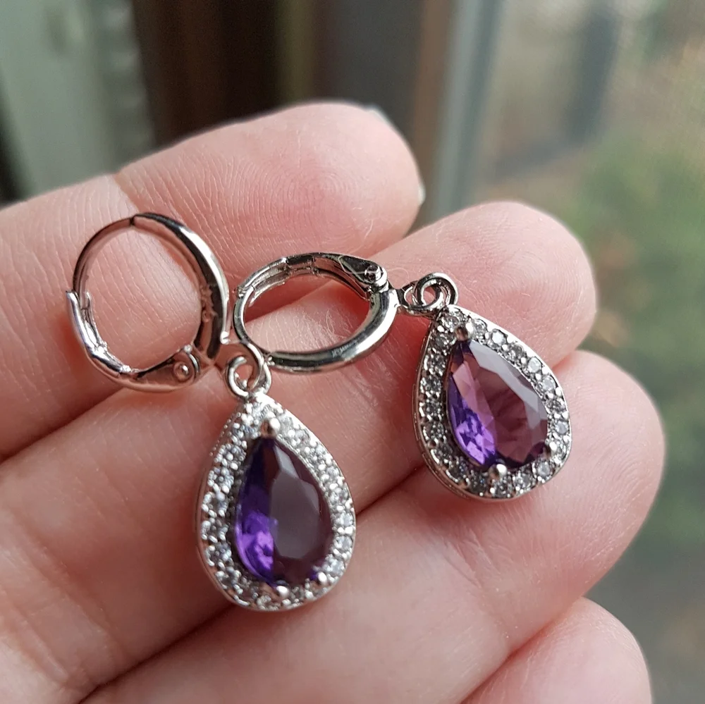 Swarovski Elements 925 Sterling Silver Amethyst Purple Teardrop Ring NEW